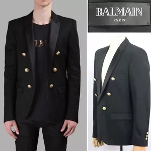 BALMAIN $3,614 BLACK COTTON,GOLD BUTTON,SATIN SHAWL LAPEL, OPEN DINNER JACKET 52 - Picture 1 of 19