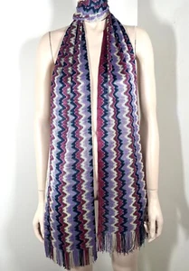 MISSONI ORANGE LABLE PURPLE MAUVE BLUE WHITE LONG SCARF FRINGE, ZIG ZAG KNIT 84" - Picture 1 of 3