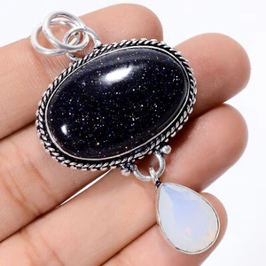 Blue Sandstone Opalite Gemstone 925 Silver Handmade Pendant 2.2" ARP-3888 - Picture 1 of 3