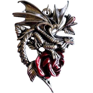Draca Rosa Pendant Necklace Boxed, Anne Stokes, Dragon, Red Rose, Gothic Flower - Picture 1 of 4