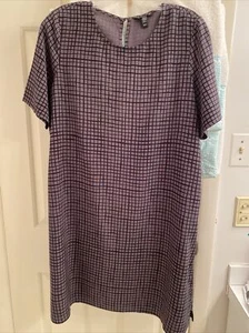 EILEEN FISHER Grey Black Plaid Check Windowpane Shift Side Slit Keyhole Dress XS - Picture 1 of 7