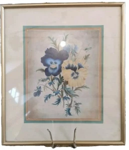 ANTIQUE BOTANICAL WATERCOLOUR 1870S PANSIES DEEP BLUE & YELLOW GOLD FRAME - Picture 1 of 5