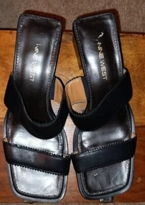 Vintage 90s Y2K Nine West Black Leather Square Heeled Open-Toe Sandals, Size 8 - Picture 1 of 3