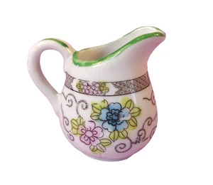 Cerámica Floral Crema Vintage Mini Japón Azul Rosa Flor Verde Borde Pequeño 2.75" - Imagen 1 de 9