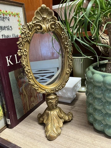 Ornate Oval Gold Bronze Color Resin Painted Vanity MIRROR - Distressed Look VTG Cover