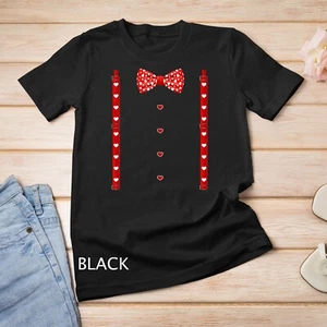 Red Hearts Bow Tie Suspenders Valentines Day Costume T-Shirt Unisex T-shirt - Picture 1 of 15