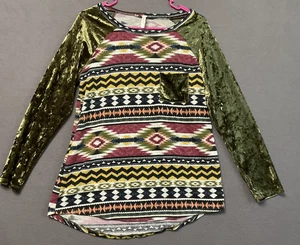 Lilypad Shirt Womens Medium Aztec Boho Pattern Green Velvet Sleeve Pocket Long - Picture 1 of 6