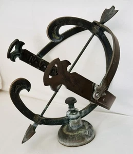 VINTAGE GARDEN ARMILLARY BRONZE SUNDIAL w ARROW 24" WEATHERED PATINA SUN DIAL - Picture 1 of 11