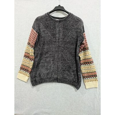 Mystree Sweater Womens L Crewneck Tribal Geometric Knit Cozy Comfy Pullover Gray - Image 1 of 4