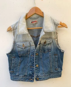 FRENCH STAR Womens Blue White Y2K Denim Cropped Vest Size 10 - Picture 1 of 7
