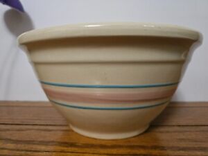 Vintage McCoy Large Mixing Bowl #10 Cream Pink Blue Stripes Oven Ware USA (5E)