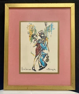 TANGO DANCERS INCHIOSTRO CINESE + ACQUERELLO SU CARTONE, INCORNICIATO con/VETRO FIRMATO c1965 - Foto 1 di 4