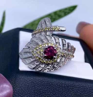 Anel de pedra preciosa natural de rodolita e safira, prata esterlina 925, tamanho 7 EUA - Imagem 1 de 4