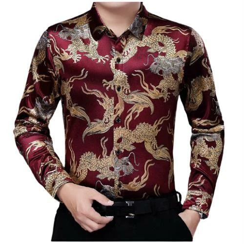 Мужские бархатный дракон печати длинным рукавом платье рубашки бизнес воротник топы новый - Изображение 1 из 4
