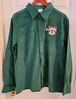 НОВАЯ рубашка Disney для взрослых большая зеленая с Микки Маусом рождественский Санта вельветовая длинная - Изображение 1 из 4