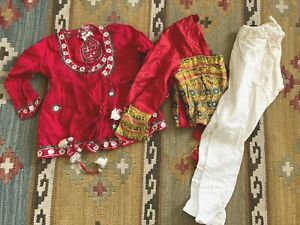 Vintage textile fabric child toddler dress pants from India 1960's red and green