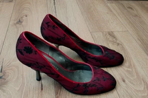 Rebeca Sanver Red Black Sexy Lace High Heel Shoes Rock 50s Made Spain EU40 6.5 - Picture 1 of 8