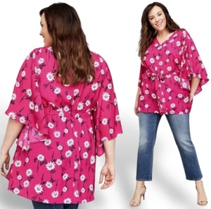LANE BRYANT Tunic 18-20 Tie Front Kimono Top Pink Floral Print Flowy Bell Sleeve - Picture 1 of 12