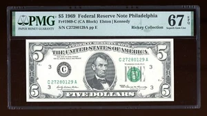 DBR 1969 $5 FRN Philadelphia Fr. 1969-C Superb Gem PMG 67 EPQ Serial C27280129A - Picture 1 of 2