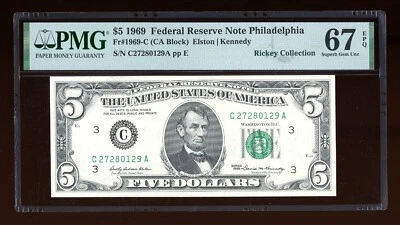 DBR 1969 $5 FRN Philadelphia Fr. 1969-C Superb Gem PMG 67 EPQ Serial C27280129A - Image 1 of 2