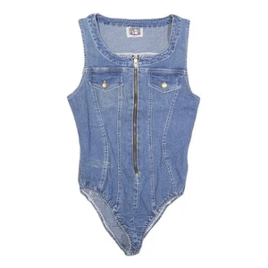 FERRONE Damen blau Denim Playsuit S ärmellos Reißverschluss vorne Baumwollmischung Body - Bild 1 von 6