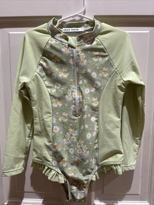 NEW Grace Karin Girl’s Size 7 Green Daisy One Piece Rashguard Swimwear - Image 1 of 4