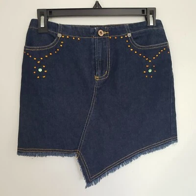 Y2K Denim Mini Skirt Baby Phat Bandana Bedazzled Jean Juniors 2 Vintage 90s - Image 1 of 4