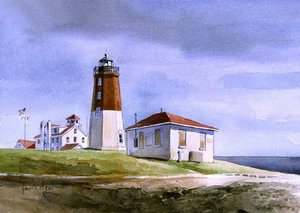 Faro Point Judith, Bahía Narragansett, RI. Impresiones artísticas en acuarela de James Mann - Imagen 1 de 2