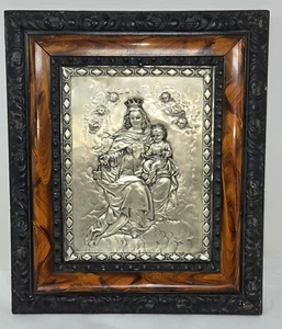 VINTAGE OUR LADY OF MOUNT KARMEL SILBER METALL REPOUSSE WANDKUNST IKONE HOLZ GERAHMT - Bild 1 von 7