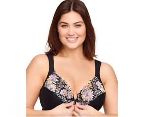 NUEVO GLAMORISE 48F Sujetador Para Mujer Cierre Frontal Con Aros NEGRO Y FLORAL #1245 - Imagen 1 de 5