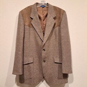 Pendleton 100% Virgin Wool Tweed Blazer Sport Coat Suede Elbow Patches Size 44L