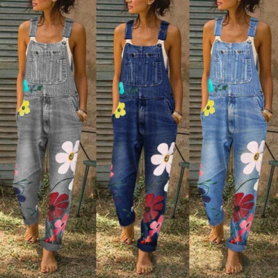 Damen Jeans Jumpsuit Hose Latzhose Latzjeans Blumen Print Overalls S - 5XL - Bild 1 von 4