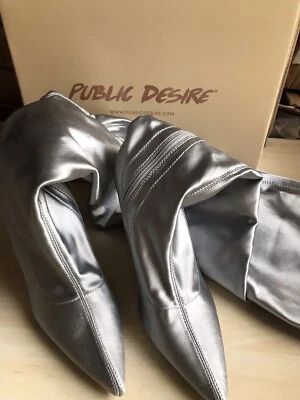 Public Desire Instinct Silver Lycra Pointed Toe Stiletto Thigh High Boots size 5 - Image 1 of 4