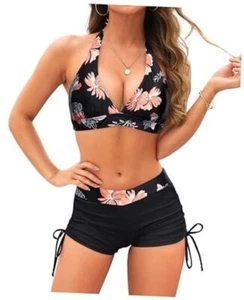 Two Piece Bathing Suit with Shorts for Women Push Up Bikini Small Black Floral - Picture 1 of 6
