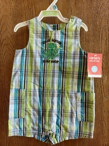 NWT Size 6M Carter's 1pc green blue plaid romper Silly Squids Surf Shop - Picture 1 of 2