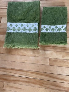 Vintage Wamsutta Heritage Green White W/Embroidery Bath & Hand Towels HV2 Sets - Picture 1 of 6