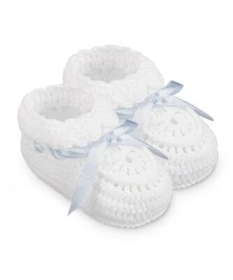 NUEVO CON ETIQUETAS Crochet Blanco Azul Bebé Cinta Botines Cuna Zapatos Niños Niñas Recién Nacidos 0-1 Foto 1 de 2