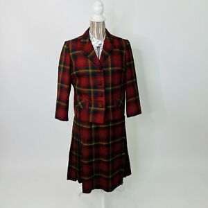 Vintage 50s/60s Union Made Maple Leaf Tartan Red Wool 2 Piece Skirt Suit Kilt