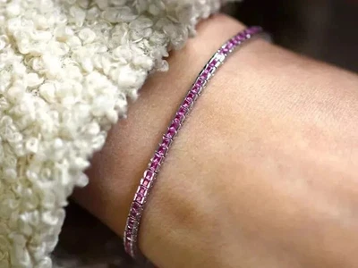 Brazalete tenis zafiro rosa creado por Princess Lab de 10 quilates enchapado en oro blanco de 14 quilates de 8" Foto 1 de 4