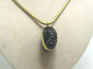 Collar Tribal Vintage Latón Vidrio Obsidiana, México, Años 1930-40, Cadena Serpiente 24" - Imagen 1 de 9