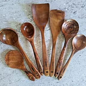 Montuk 7 Pcs Natural Teak Wood Cooking Utensils Set For Kitchen, Spoon set. - Picture 1 of 9