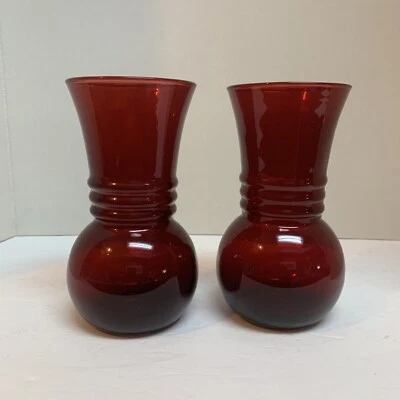 Anchor Hocking ROYAL RUBY Red - Set of 2 Vases - Ribbed Bulb Shape - Image 1 of 4