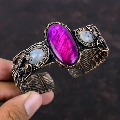 Women's Day Gift Purple Fire Labradorite Wire Wrapped Adjustable Bangle Copper - Image 1 of 4