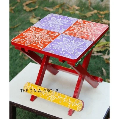 Indian Handicraft Colorful Side Table Wooden Small Hand painted Folding Stool - Image 1 of 4