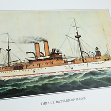 Currier and Ives Vtg Print US Battleship Maine Naval War History Lith Art Decor