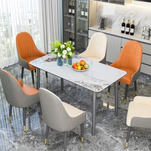 Dining Table and Chairs Set Marble Rectangle Kitchen Table Leather Dining Chairs - Picture 1 of 60