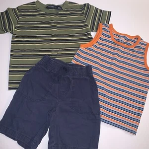 Boys Outfit Lot Of 3 Green Striped Tee, Orange Striped Tank & Navy Shorts Sz 4T - Picture 1 of 10