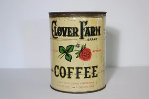 RARE OLD VINTAGE CLOVER FARM COFFEE 2-LB SIZE TIN CAN CLEVELAND OH Nice Graphics - Photo 1 sur 14