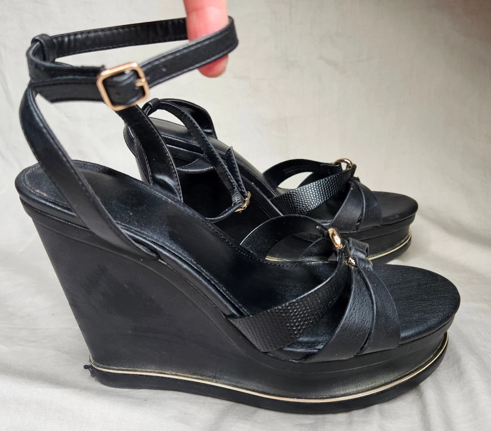 Aldo Platform Wedge Heels Womens Size 10 Black Faux Leather Open Toe Ankle Strap - Image 1 of 4