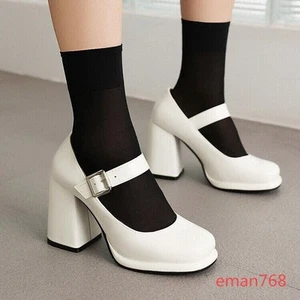 Damenschuhe Mary Jane eckige Zehenpartie Plateau Blockabsatz klobige Schnalle Pumps Größe - Bild 1 von 15